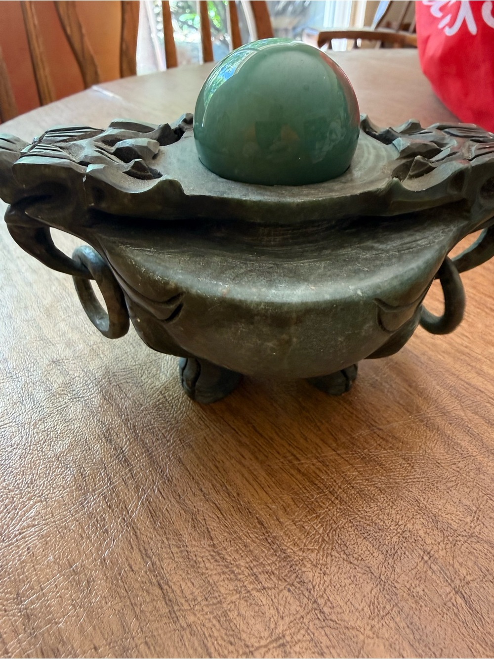 Chinese hand-carved jade incense burner, dragon-shaped handles & hanging rings.